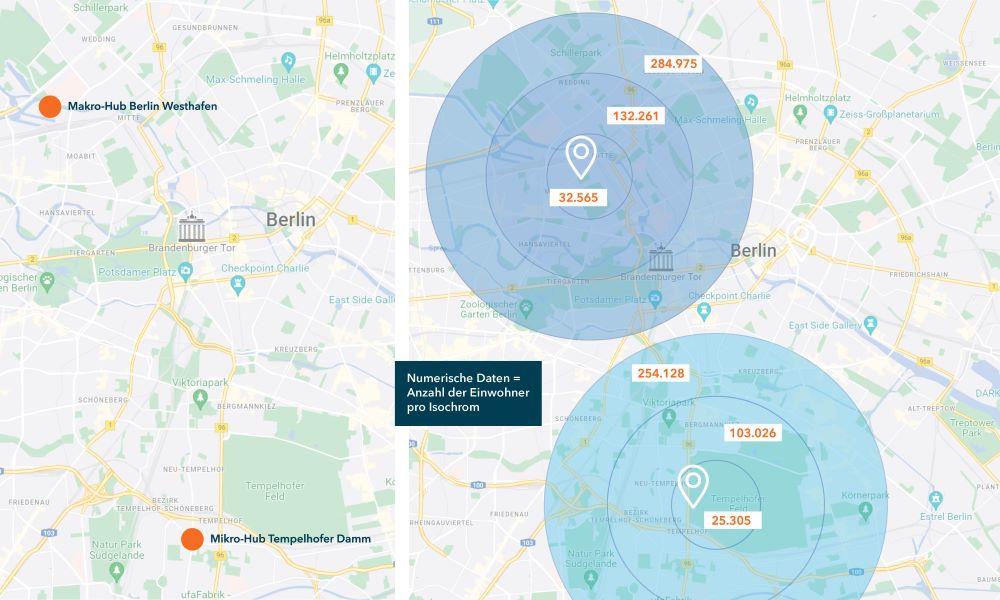 Die Feldstudie umfasste ein Makro-Hub an Berlin-Westhafen und ein Mikro-Hub am Tempelhofer Damm. Die Isochromen zeigen die Anzahl der Einwohner, die bis zu 5, 10 und 15 Minuten mit dem E-Bike vom jeweiligen Hub entfernt sind.