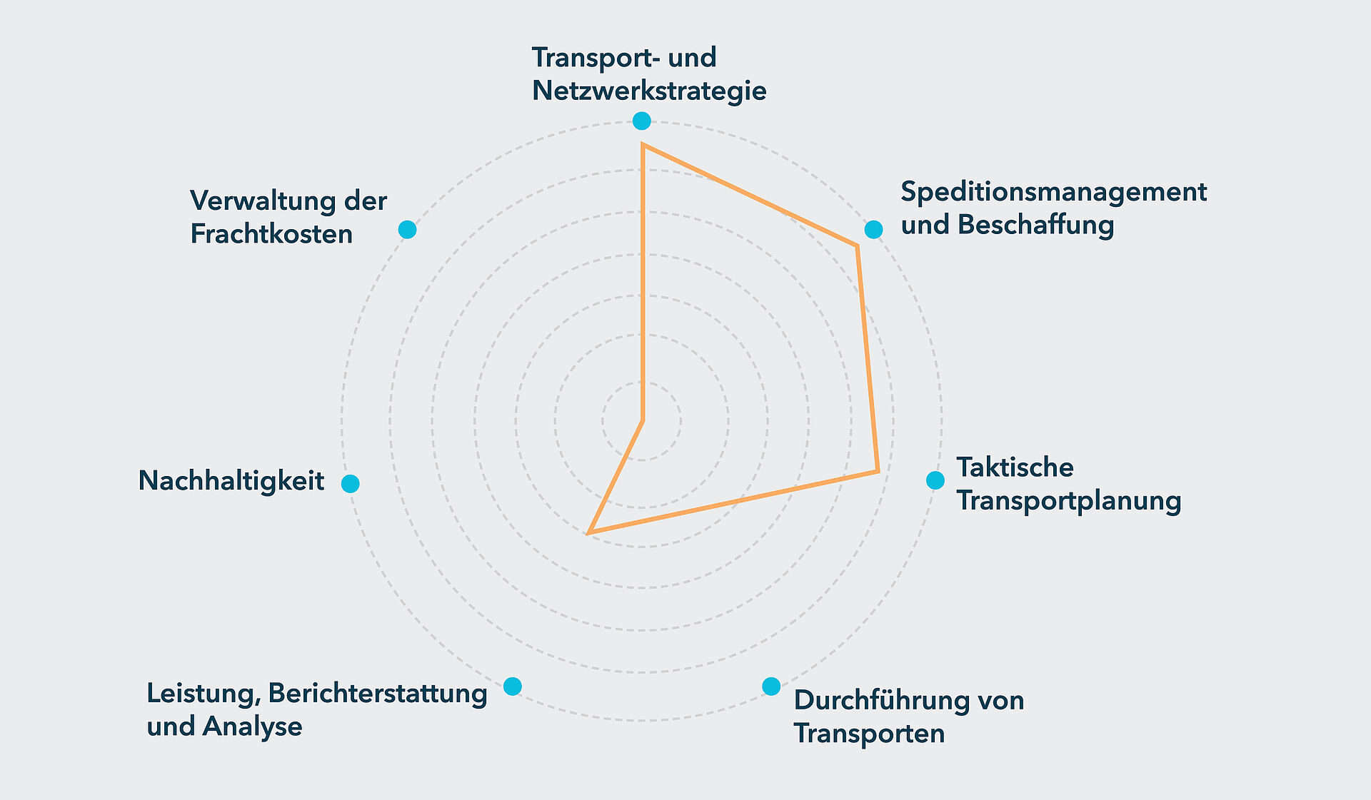 Dieser beispielhafte Überblick über den Reifegrad des Transportmanagements zeigt eine Organisation mit fortgeschrittenen Fähigkeiten in den Prozessen in der oberen rechten Ecke, aber sehr begrenzten Fähigkeiten in allen anderen Prozessen 